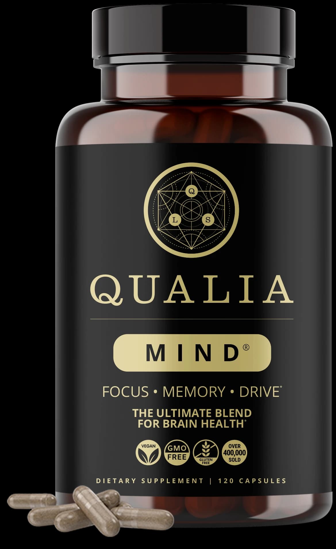 Qualia Mind 120-capsule bottle with capsules, official product image