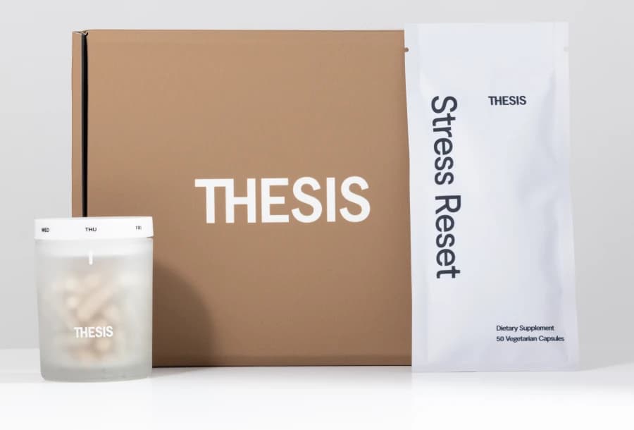Thesis Stress Reset pouch, capsule jar and box, official product image