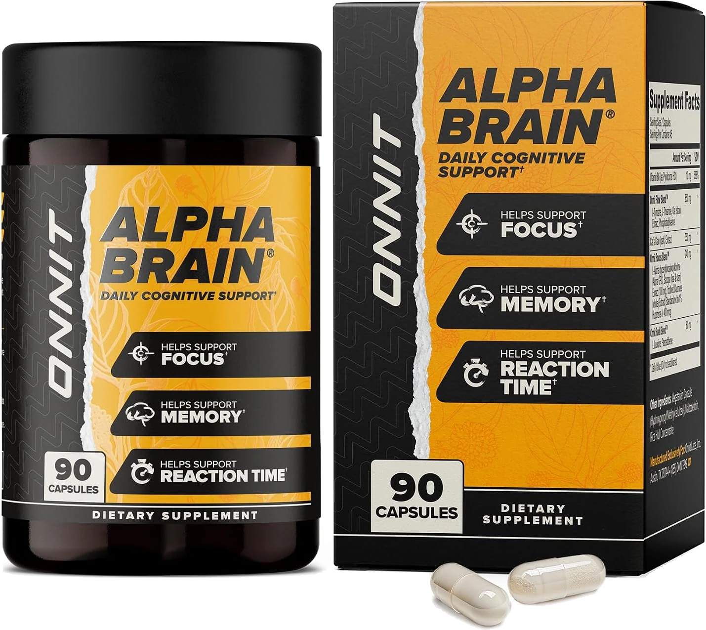 Official Onnit Alpha Brain 90-count bottle, box and two capsules, from Onnit's own Amazon store
