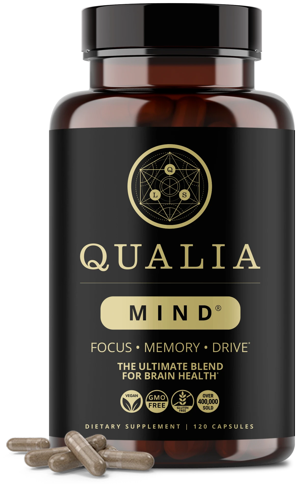 Official Qualia Mind 120-capsule bottle with capsules, from the brand's product page
