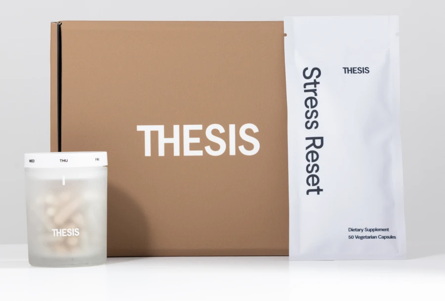Official Thesis Stress Reset pouch, capsule jar and box, from the brand's product page