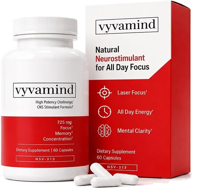 Official Vyvamind bottle, box and capsules, from the brand's own Amazon store